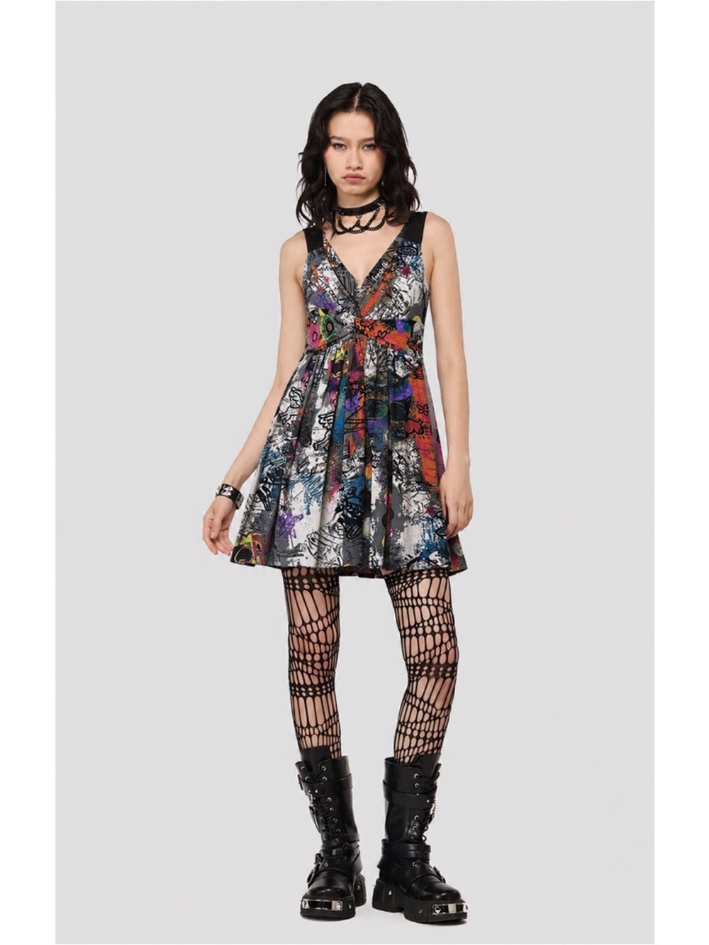 VTG Y2K 90s Fresh Fx Woman Art Graphic Sleeveless Skater Dress SMALL Grunge Goth